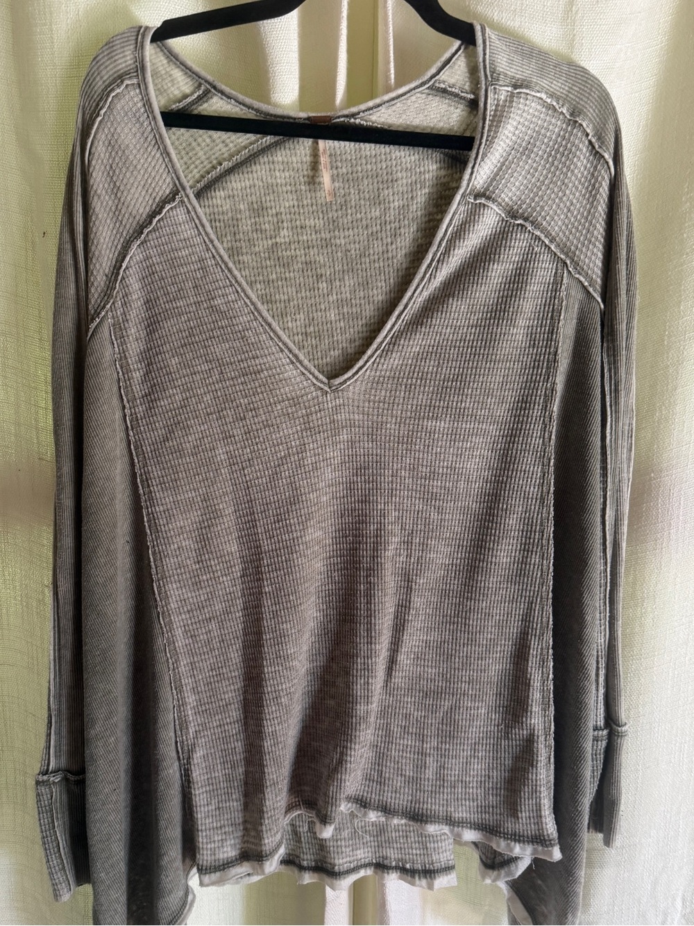 Free People Washed Gray V-Neck Waffle Knit Top